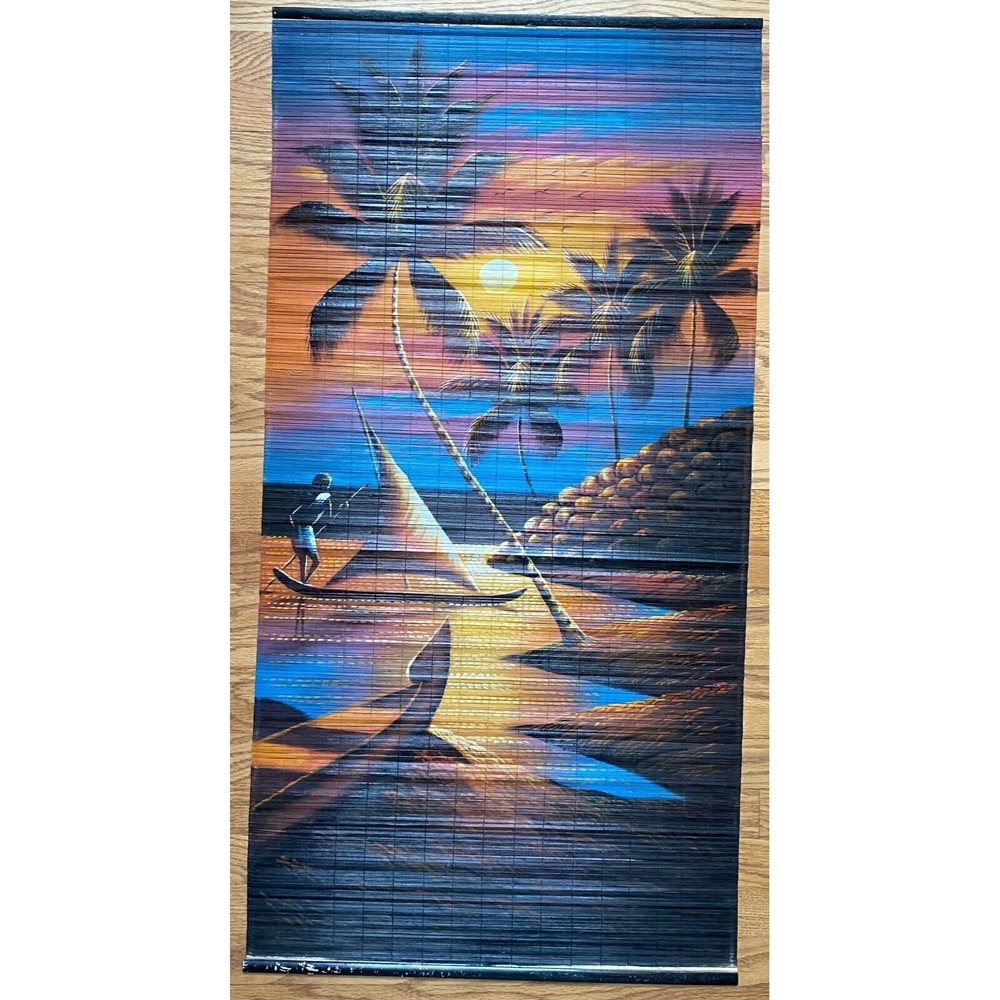 Tropical Island Ocean Palm Trees Rolled Raftan Wall Hanging Scroll Painting